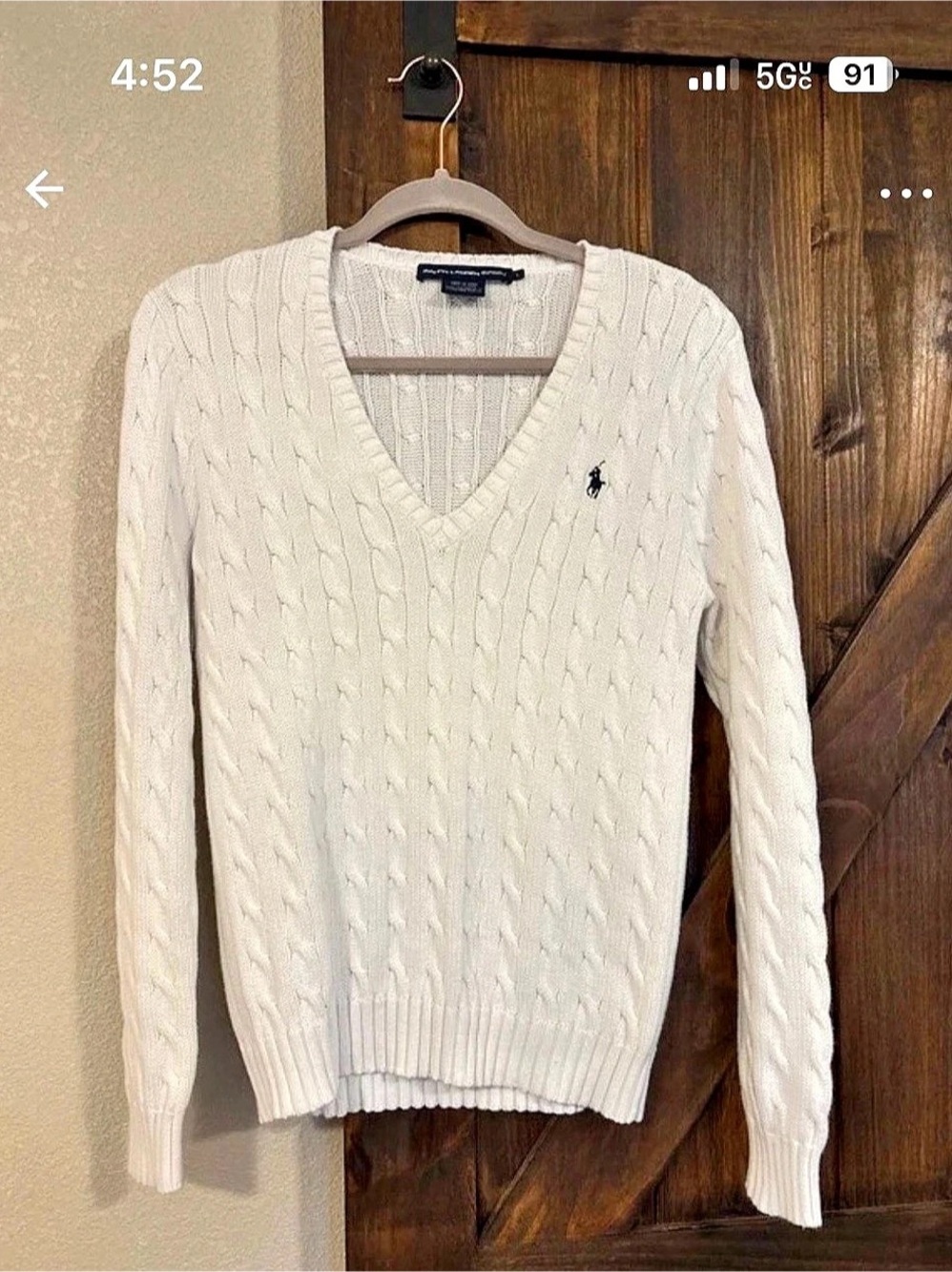 Polo Ralph Lauren Cable Knit V-Neck Cotton Sweater in Cream Large Like New